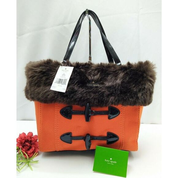 Kate Spade Quinn Foxtrot Hill Autumn Orange Canvas Fur Satchel Bag - NWT $318 - Picture 1 of 12